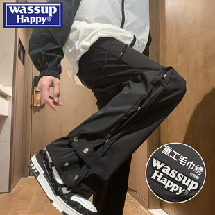 wassup happy美式冲锋裤子男秋冬季新款加绒加厚宽松直筒休闲长裤