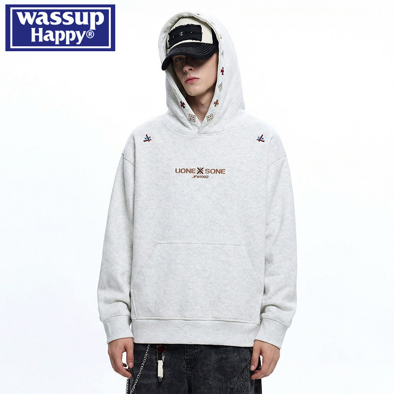wassup happy刺绣美式连帽卫衣男士春秋季2026新款潮牌青少年外套,男装,卫衣,淘宝优惠券,粉丝福利购,淘宝优惠卷