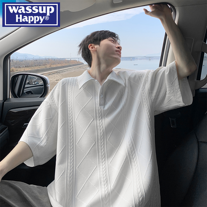 wassup happy提花polo衫短袖T恤男士夏季薄款青少年宽松休闲上衣