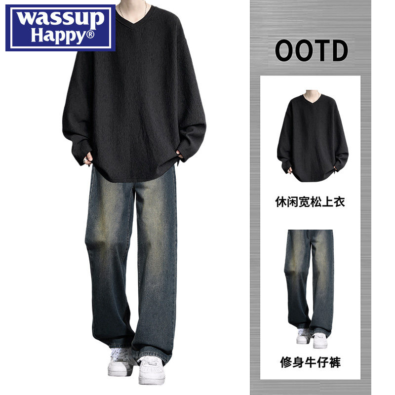 wassup happy美式复古长袖t恤男春秋季新款帅气牛仔裤穿搭两件套,男装,休闲运动套装,淘宝优惠券,粉丝福利购,淘宝优惠卷
