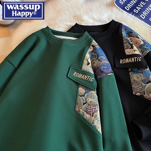 WASSUPHAPPY小熊刺绣圆领卫衣男