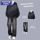 休闲套装 wassup 春秋季 痞帅牛仔裤 happy衬衫 领拼接假两件卫衣男士