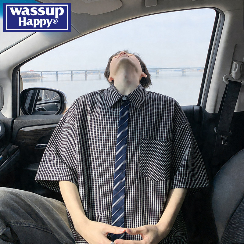 wassup happy美式复古格子假领带短袖衬衫男夏季潮流宽松衬衣外套