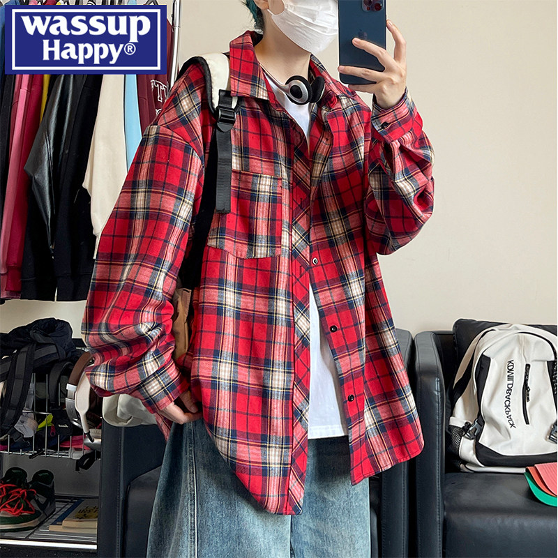 wassup happy红色格子长袖衬衫男款秋季美式复古休闲衬衣情侣外套,男装,衬衫,淘宝优惠券,粉丝福利购,淘宝优惠卷