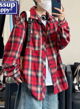 wassup happy红色格子长袖衬衫男款秋季美式复古休闲衬衣情侣外套