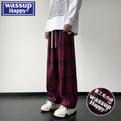 happy红色格子裤 子男款 秋冬季 wassup 潮流日杂风宽松直筒休闲长裤