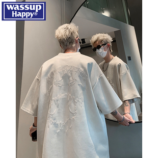 wassup happy美式刺绣麂皮短袖t恤男款夏季潮牌宽松圆领半袖体恤