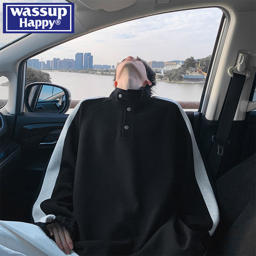 WASSUPHAPPY条纹半高领卫衣男士
