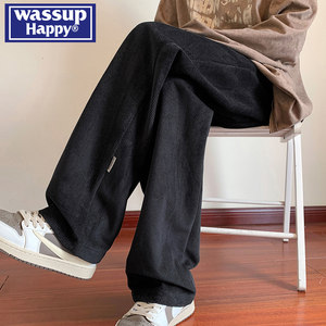 wassup happy中國wassup happy美式裤子男秋冬季2024潮牌加绒加厚宽松直筒休闲卫裤