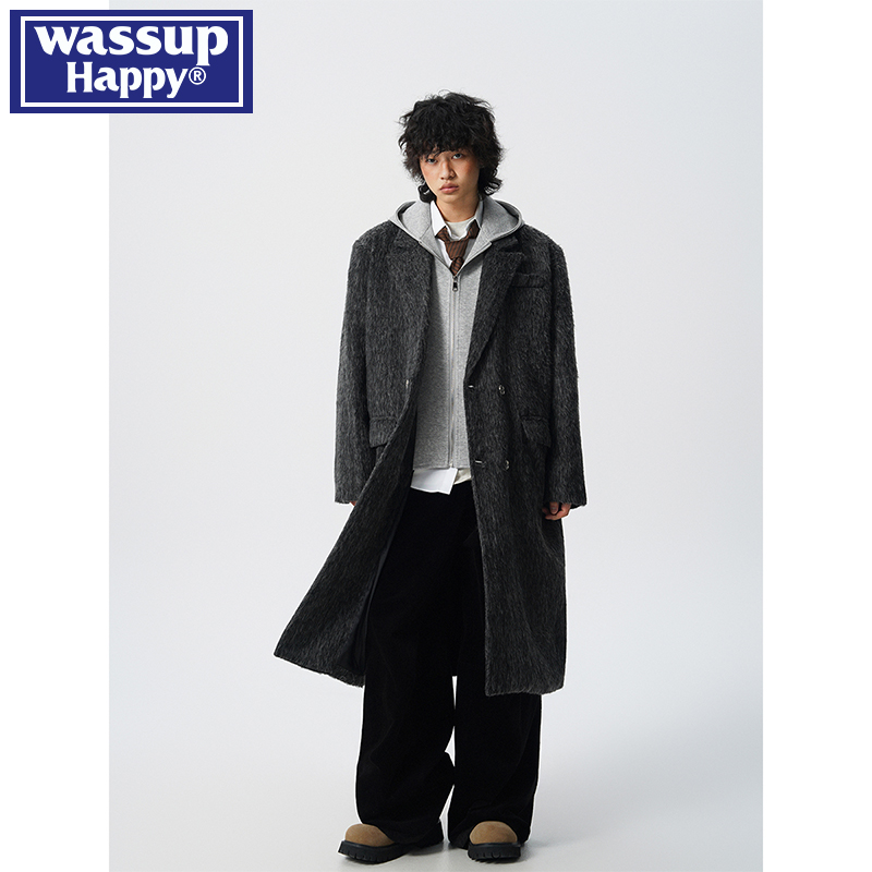 WASSUPHAPPY冬中长款毛呢大衣男