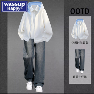 wassup happy双拉链开衫卫衣外套男士春秋季痞帅牛仔裤潮流两件套