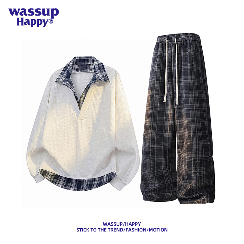 WASSUPHAPPY格纹假两件卫衣套装