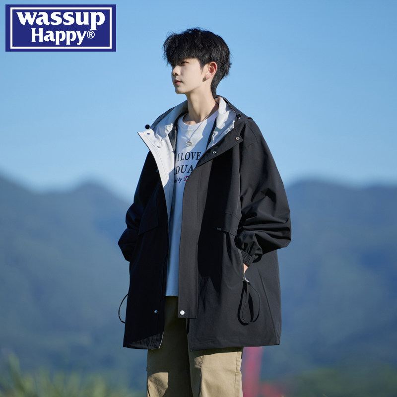 wassup happy大码中长款风衣外套男士春秋季2026新款宽松连帽夹克