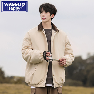 wassup happy复古格子翻领工装棉衣男冬季宽松加厚保暖面包服外套