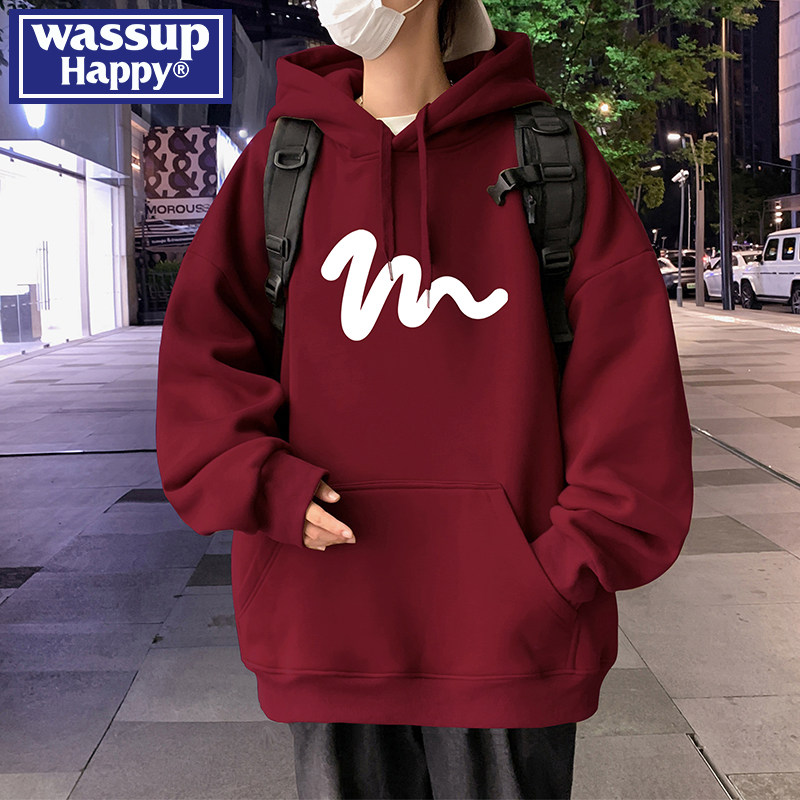 wassup happy酒红色连帽卫衣男士春秋季2026新款纯棉宽松休闲外套