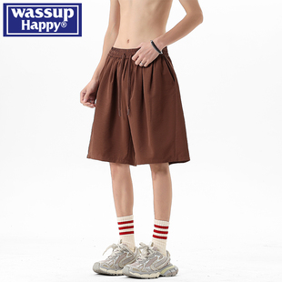 男士 褶皱抽绳休闲短裤 夏季 新款 子 wassup 潮牌宽松五分裤 happy美式