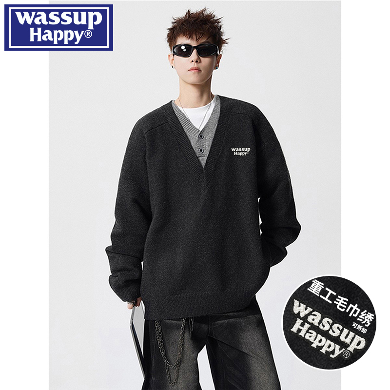 WASSUPHAPPY秋冬休闲v领毛衣男