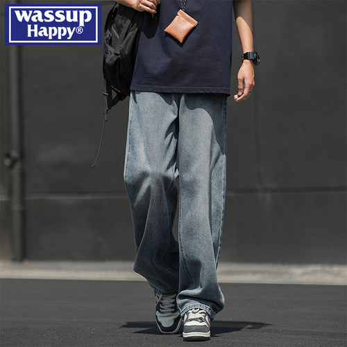 wassuphappy美式直筒牛仔裤子男