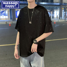 潮牌美式 happy满天星空短袖 重磅宽松圆领上衣服 t恤男夏季 wassup