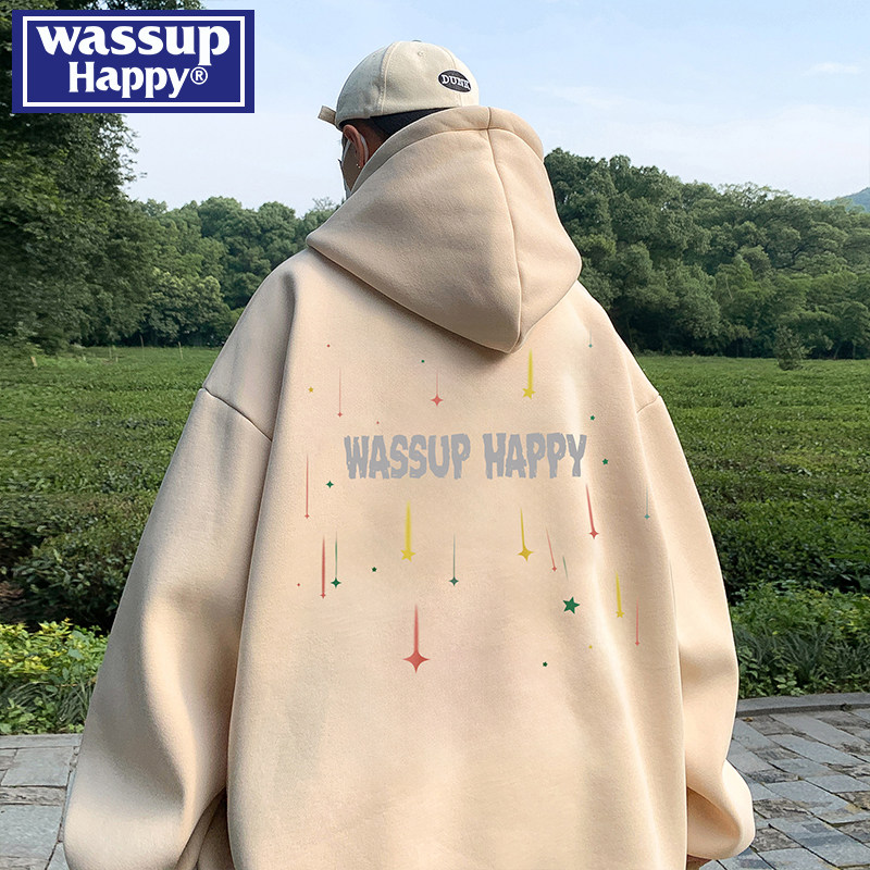 wassup happy彩色星星字母连帽卫衣男春秋季潮牌宽松休闲情侣外套