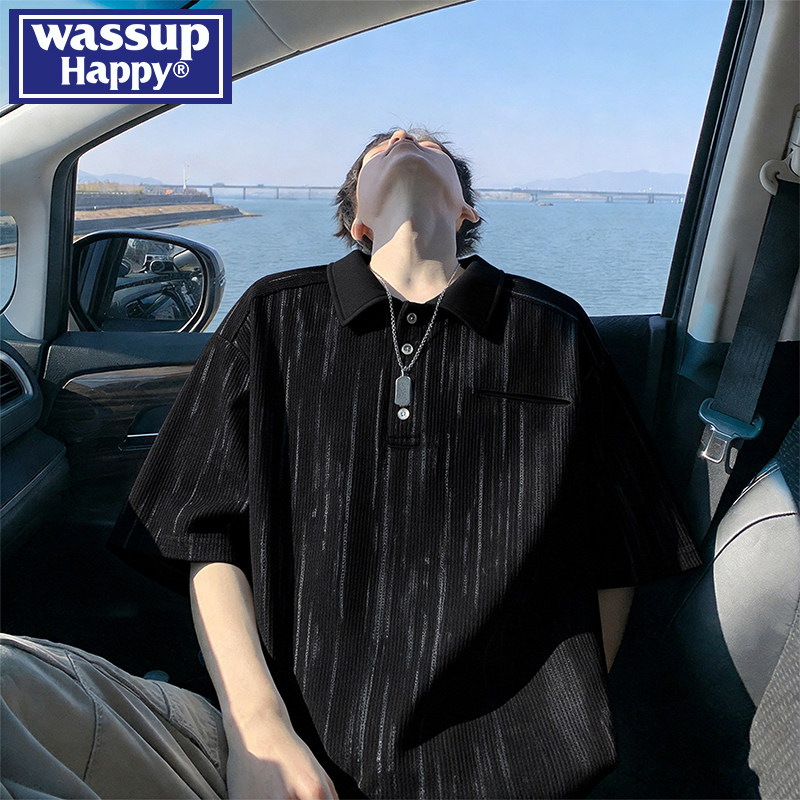 wassup happy肌理感短袖t恤男款夏季复古撞色翻领Polo衫半袖上衣