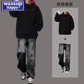 休闲牛仔裤 wassup happy痞帅加绒连帽卫衣男秋冬季 潮流穿搭一整套