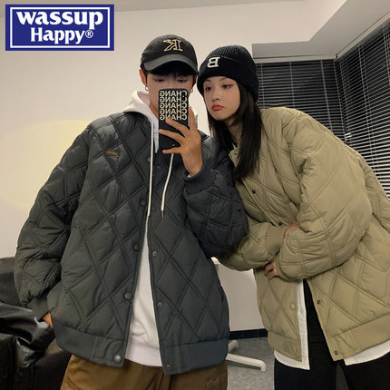 wassup happy菱形格羽绒棉服男款冬季美式轻薄棉衣宽松保暖棉袄子