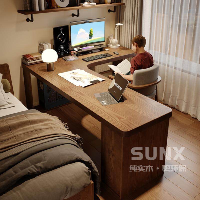 全实木转角书桌书柜一体组合 带抽屉角落拐角L型工作台办公电脑桌