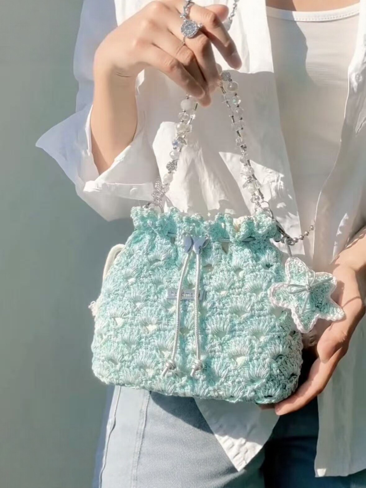 海浪贝壳蝴蝶束口包材料包春夏多巴胺(非成品)针织可爱手提包材料