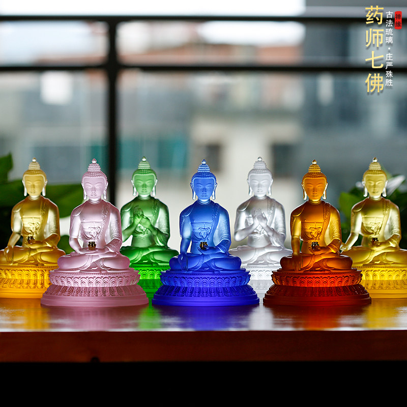 琉璃药师七佛药师佛像贴金彩绘密宗如来佛像藏传蓝色家居供奉摆件