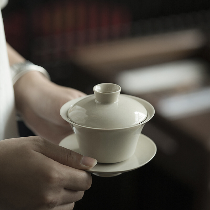 日式泡茶防烫陶瓷茶杯纯手工三才草木灰茶具家用功夫景德镇盖碗