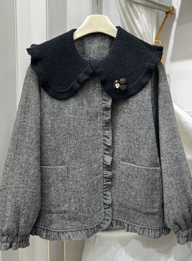 一念装小香风亮丝粗花呢上衣黑色娃娃领花保暖羽绒服外套MLD-7501