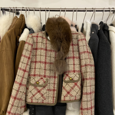 一念色线迹短款羽绒外套+百褶裙套装(配狐狸毛毛领)YS1-7280