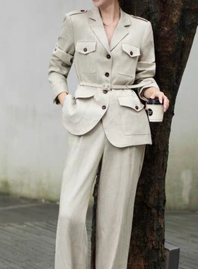 一念袋精纺羊毛西装+直筒阔腿西裤套装(配腰绳)(含50羊毛)40331