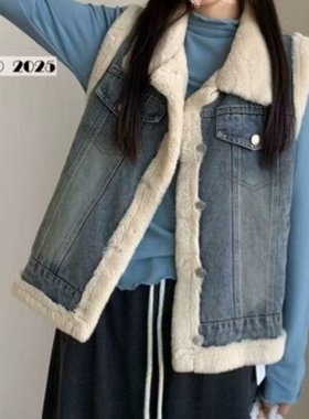 一念复古牛仔加绒翻领马甲58060