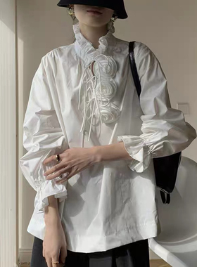 一念6早春爆款重工气质立体花朵系带法式显瘦宽松衬衫小衫A30418