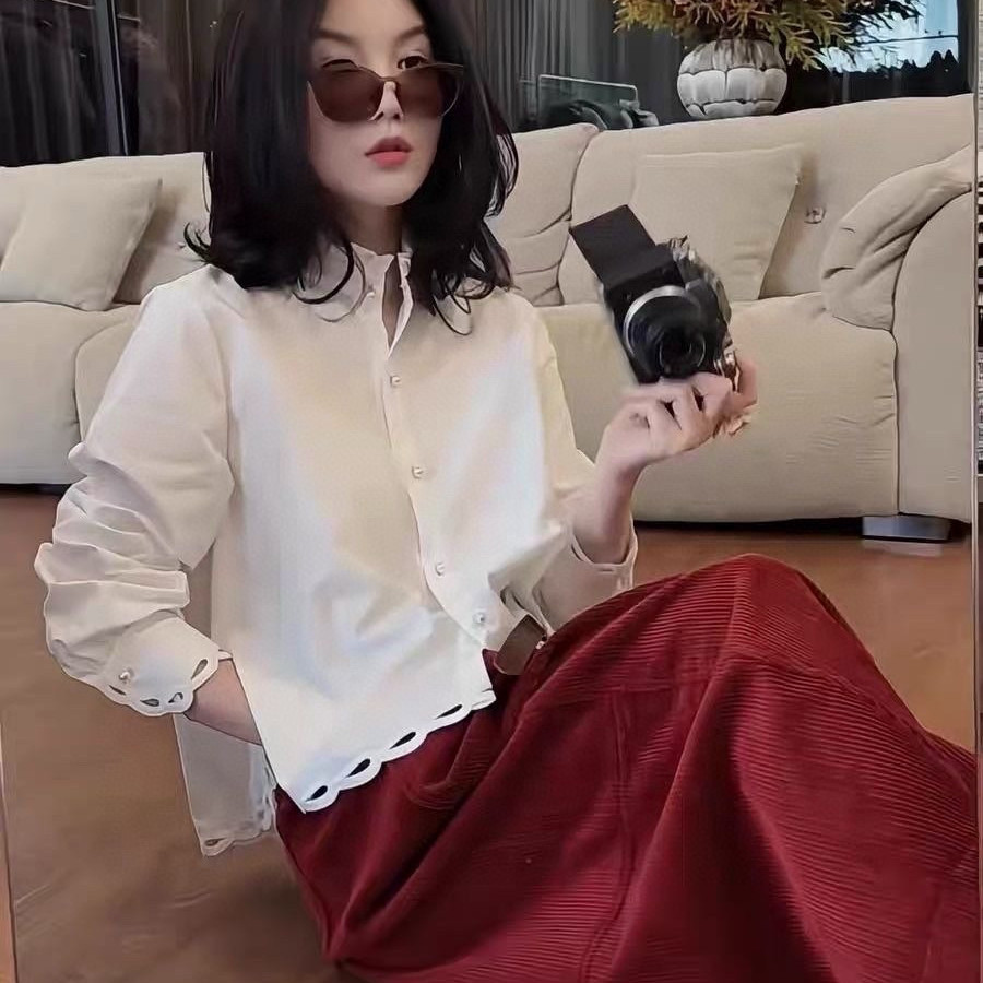 一念春上新立领刺绣镂空花边珍珠扣棉衬衫(不含任何配件)CY25769