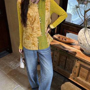 一念刺绣甲绿色撞色盘扣叠穿气质上衣马甲 YH0147899E 大货速发