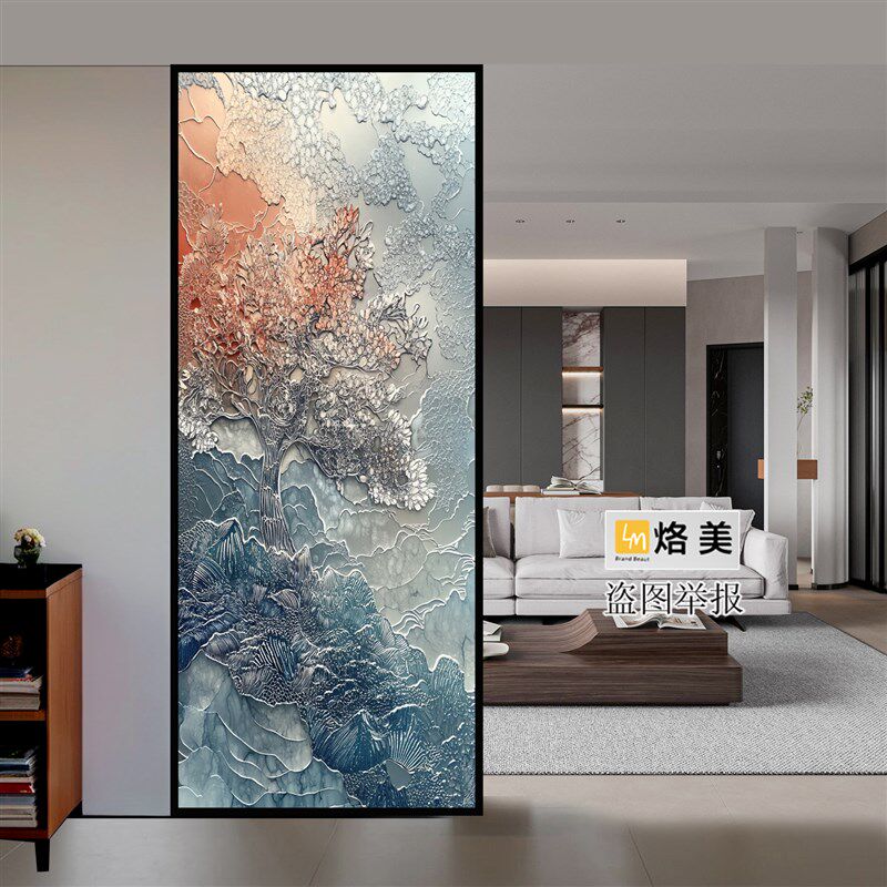 高端艺术玻璃入户玄关轨道家用客厅屏风卫生间隔断新中式油画定制