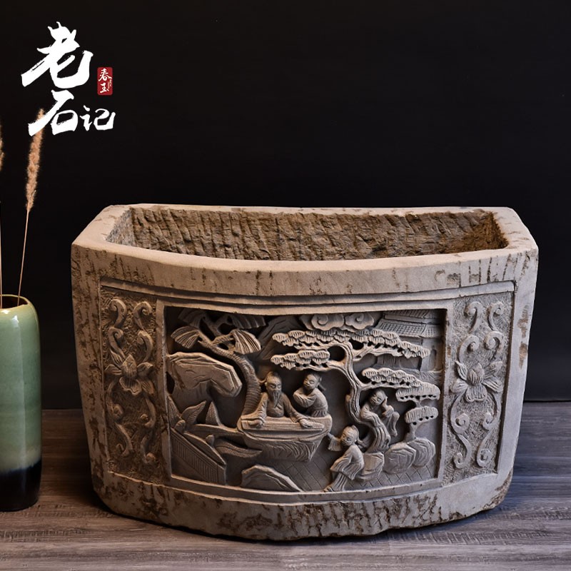 老石缸青石鱼缸石槽荷花缸仿古石雕石头鱼池水缸户外庭院流水摆件