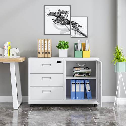 铁皮密码矮柜办公文件柜带锁抽屉柜资料储物收纳桌边小柜子活动柜