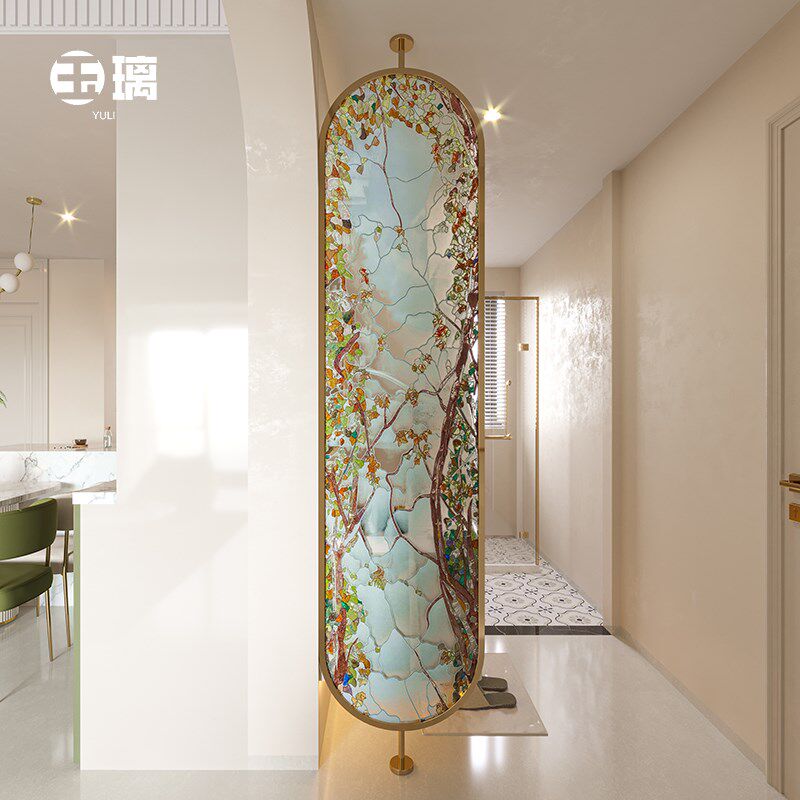 精选玉璃珐琅彩纯手绘艺术玻璃隔断卫生间半墙屏风遮挡洗手台法式