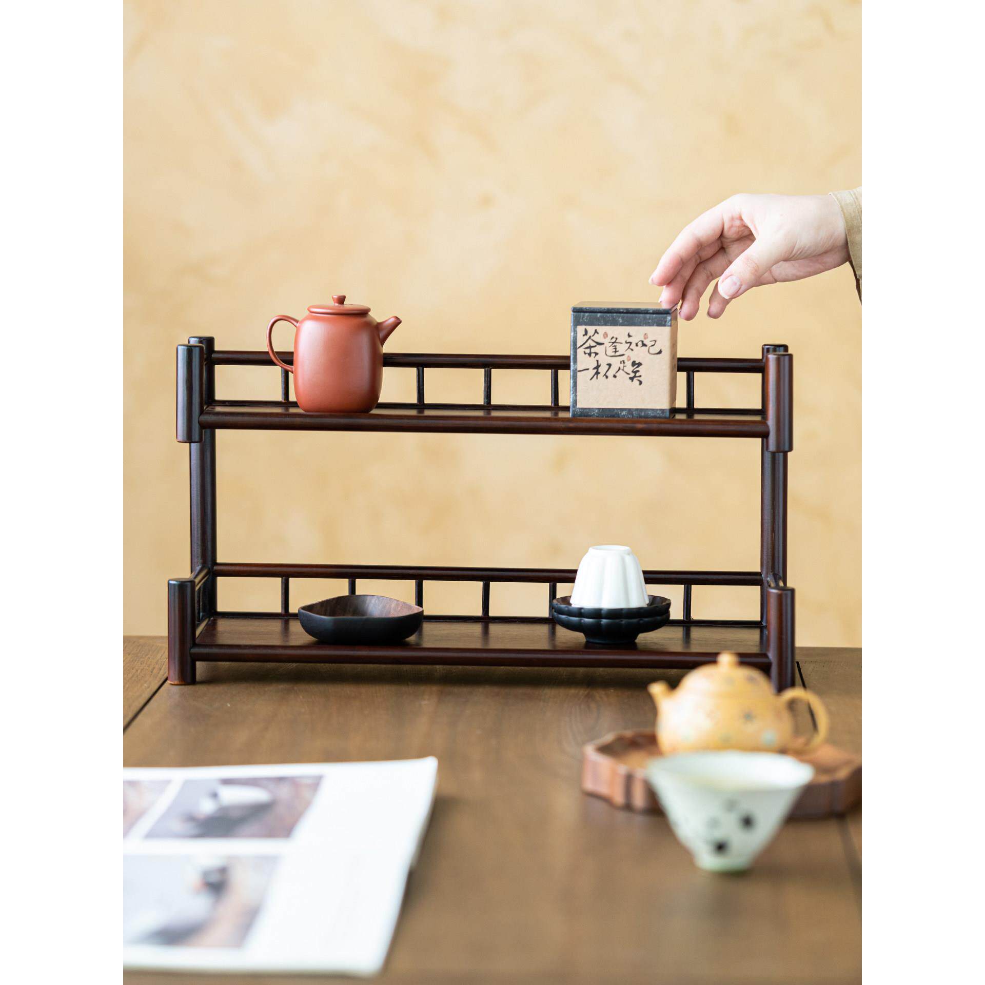 朴风竹制双层茶杯收纳架茶桌茶具置物架子覆古多层茶托展示架家用