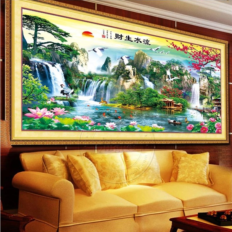 十字绣成品纯手工流水生财聚宝盆新款客厅山水风景招财挂画带框