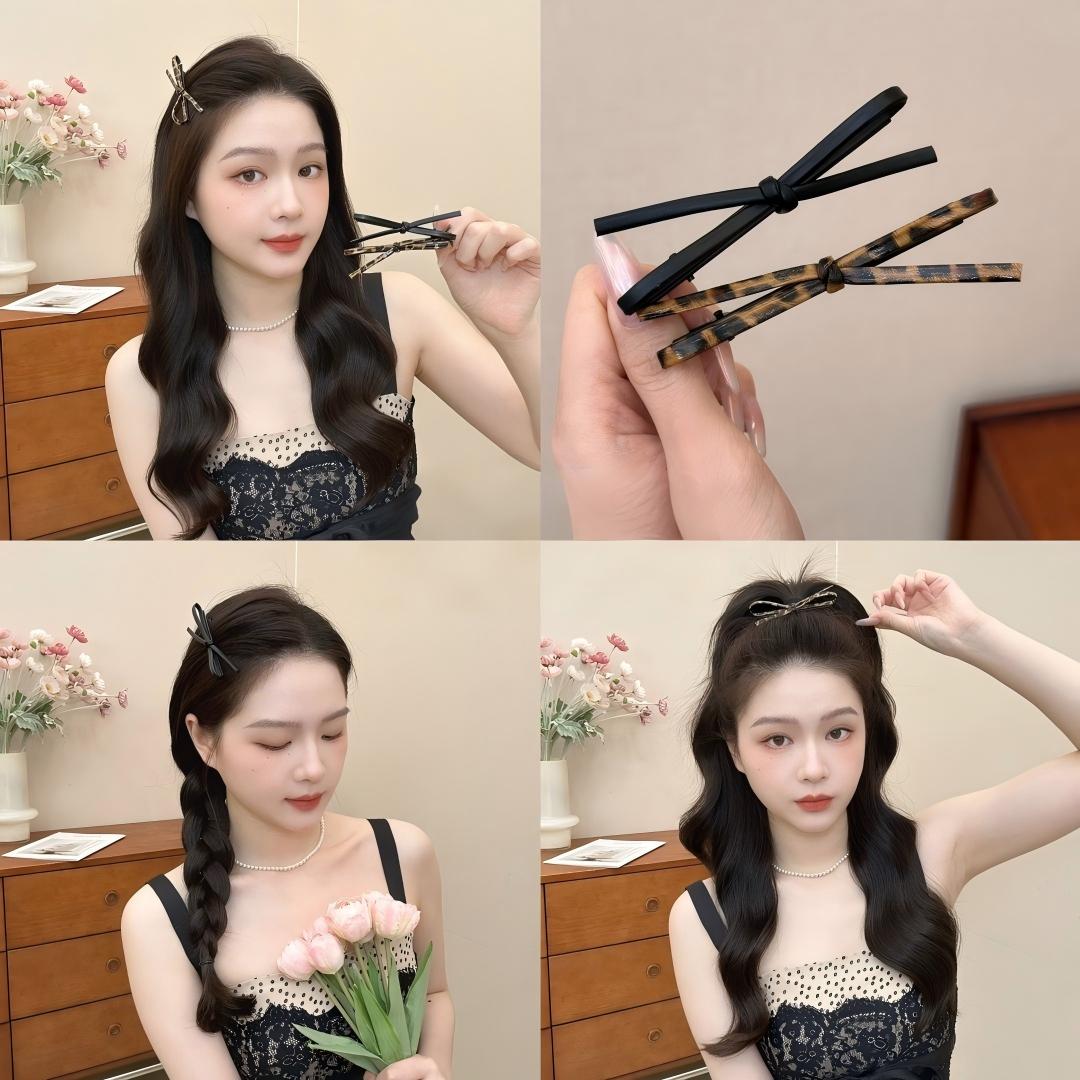 韩版复古豹纹简约皮质蝴蝶结鸭嘴夹边夹侧边刘海夹高级感发卡头饰