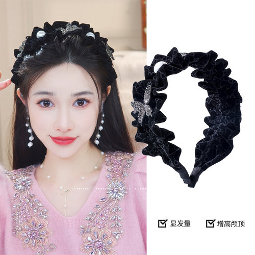 复古水钻蝴蝶褶皱丝绒宽边发箍