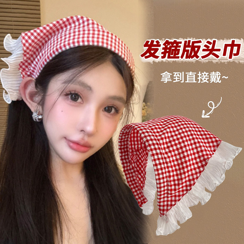 红格三角巾发箍法式田园风蕾丝头巾女包头2025新款头饰拍照用发带,饰品/流行首饰/时尚饰品新,发饰,淘宝优惠券,粉丝福利购,淘宝优惠卷