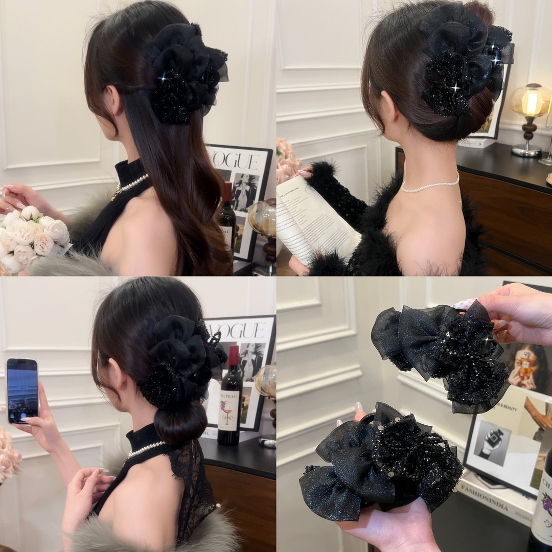 赫本风闪钻蝴蝶结花朵抓夹女后脑勺盘发鲨鱼夹气质顶夹子发卡头饰