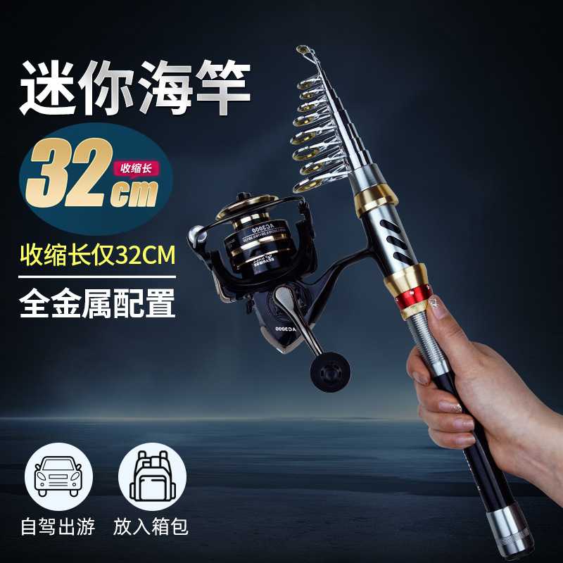 金属小海竿超硬伸缩超短节钢笔鱼竿纺车轮小海杆小抛竿全套装新款