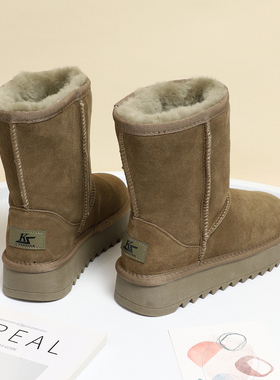 全羊毛雪地靴女士2025冬季新款加厚保暖防滑真皮中筒靴子时尚棉鞋